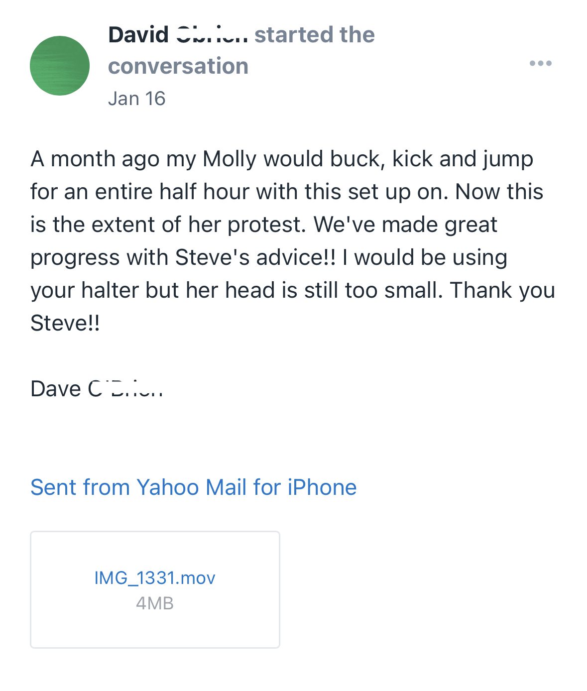 A month ago my Molly would buck, kick and jump for an entire half hour with this set up on. Now this is the extent of her protest. We've made great progress with Steve's advice!! I would be using your halter but her head is still too small. Thank you Steve!!